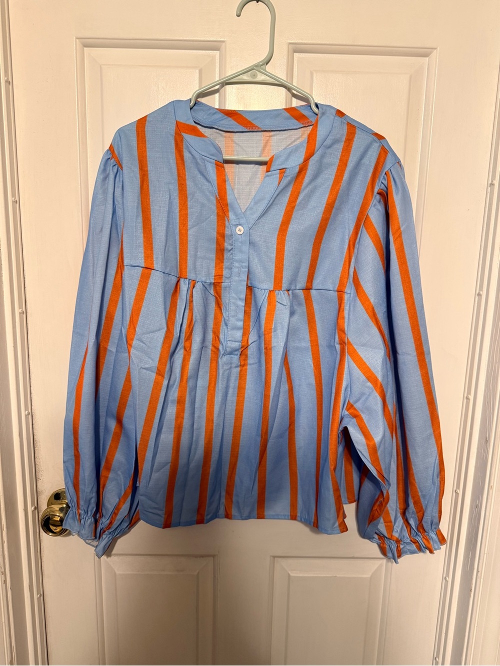 Blue and Orange Striped Button Front Blouse